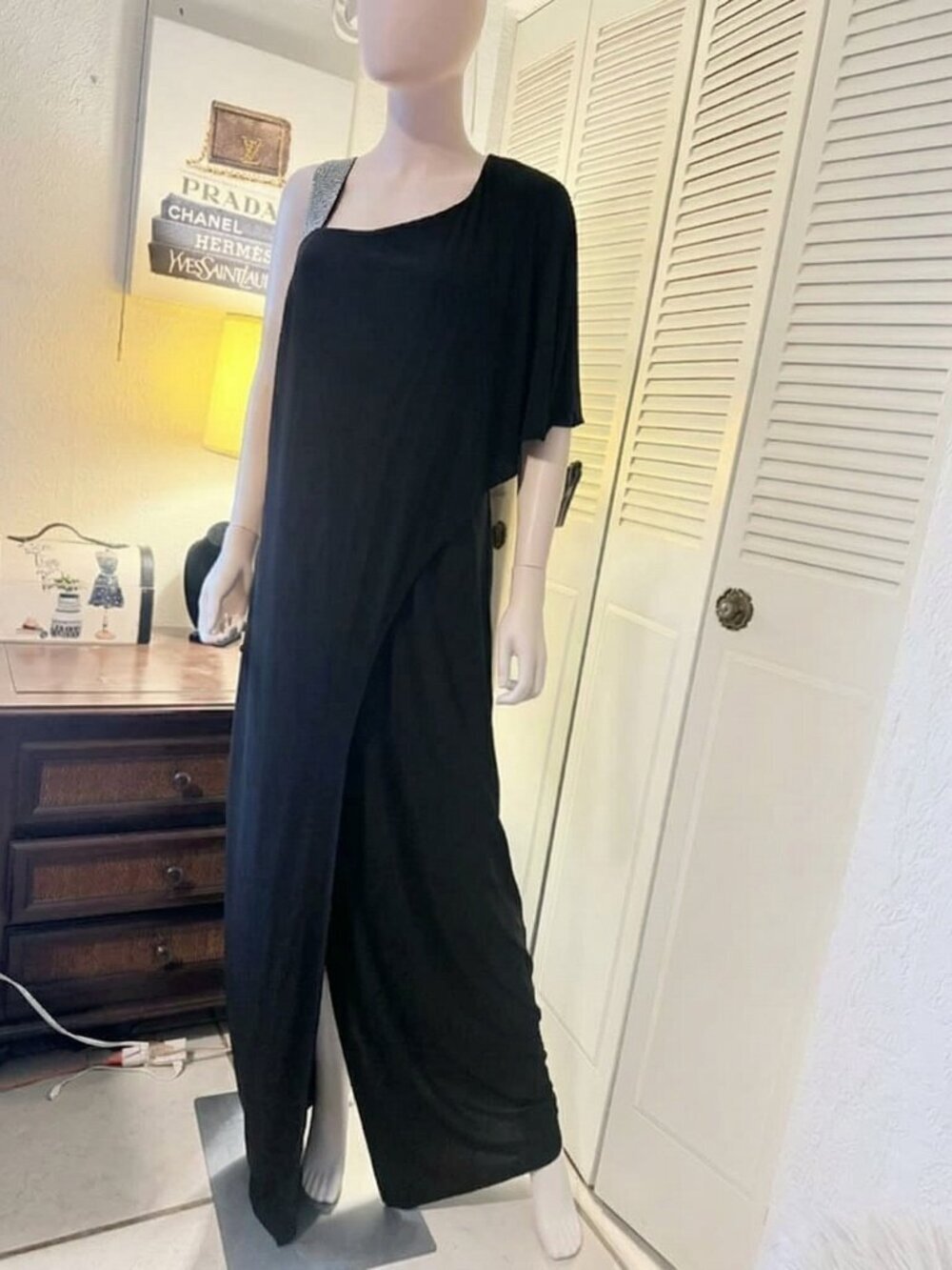 R&M Richards Black Asymmetrical Evening Dress Rhinestone Strap Size 14 NWT